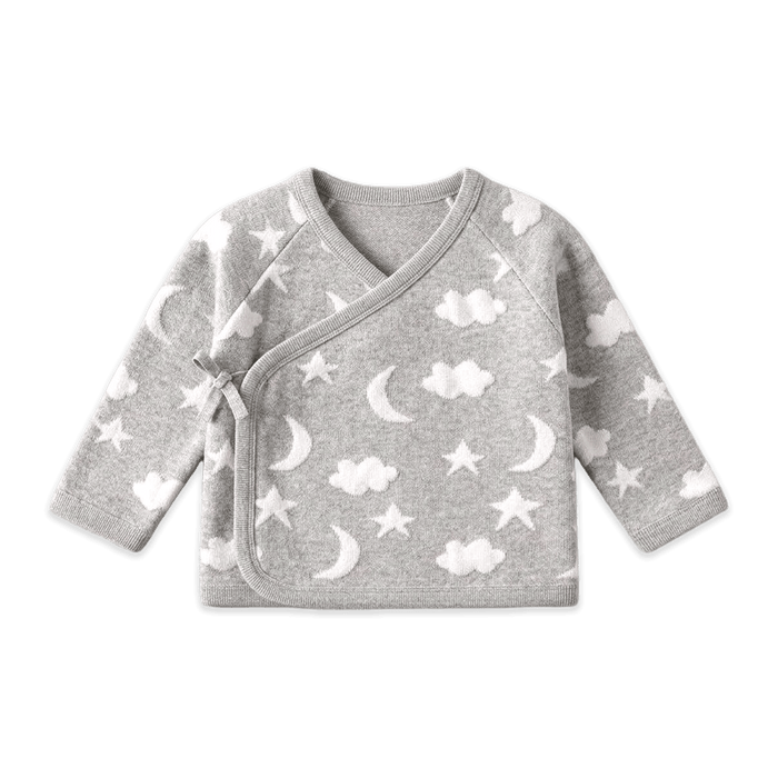 Heather Grey Organic Cotton Moon and Stars Dream Knit Kimono Baby Top and Pant Set, Long Sleeve Shirt