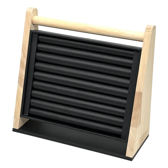 Natural Light Oak Wood and Black Leatherette Ring Jewelry Display Stand