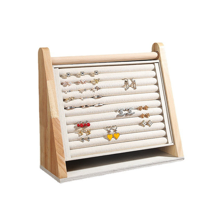 Natural Light Oak Wood and Cream Microfiber Ring Jewelry Display Stand