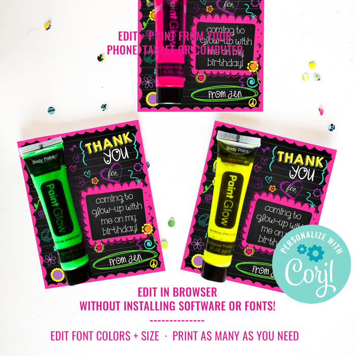 Neon Sleepover Tween Party Favors | Neon Slumber Party Favors | Sleep Over Party Favor Cards