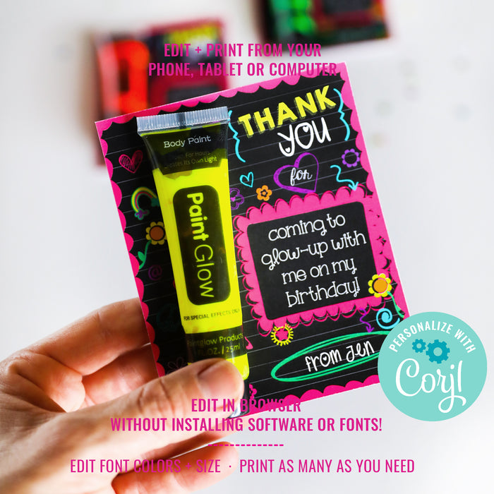 Neon Sleepover Tween Party Favors | Neon Slumber Party Favors | Sleep Over Party Favor Cards