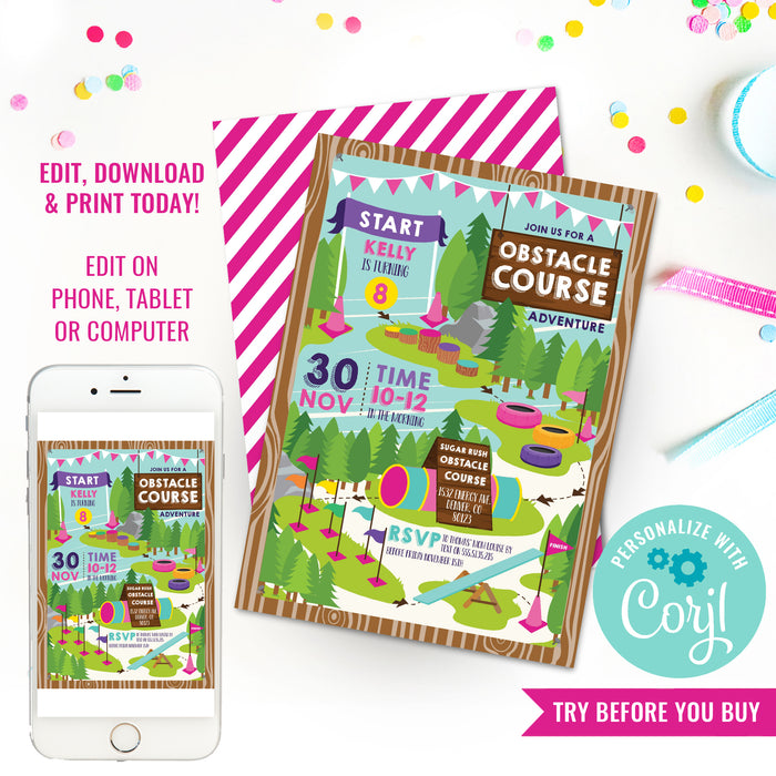 Obstacle Course Party Invitation For Girls | Outdoor Adventure Party