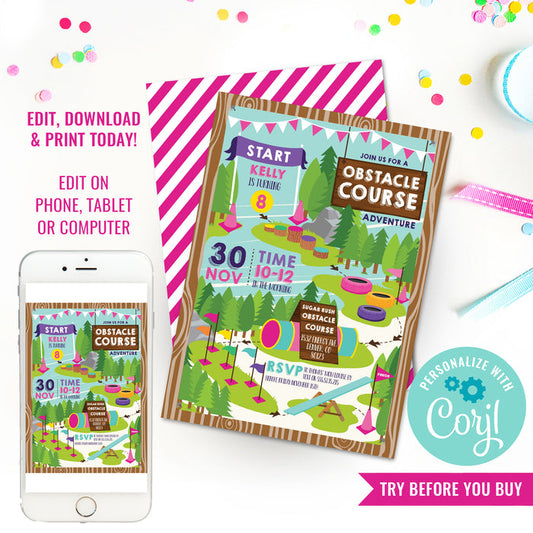 Obstacle Course Party Invitation For Girls | Outdoor Adventure Party