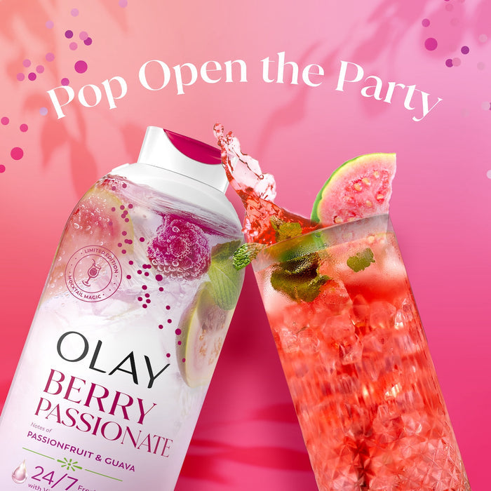 Pop open the party. Olay Berry Passionate Body Wash bottle and red drink splashing with cut fruit on the top
