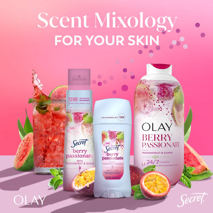 Berry passionate scent lineup. 3 bottle Deodorant and body wash. Pink drink splashing with fruit on top.