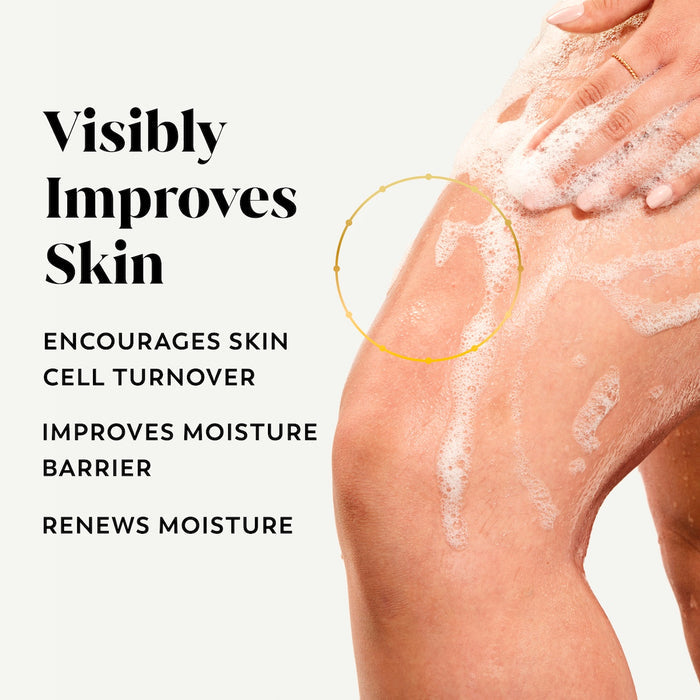 Model posing lathering leg with body wash. isibly improves skin. Encourages skin cell turnover, improves moisture barrier, renews moisture