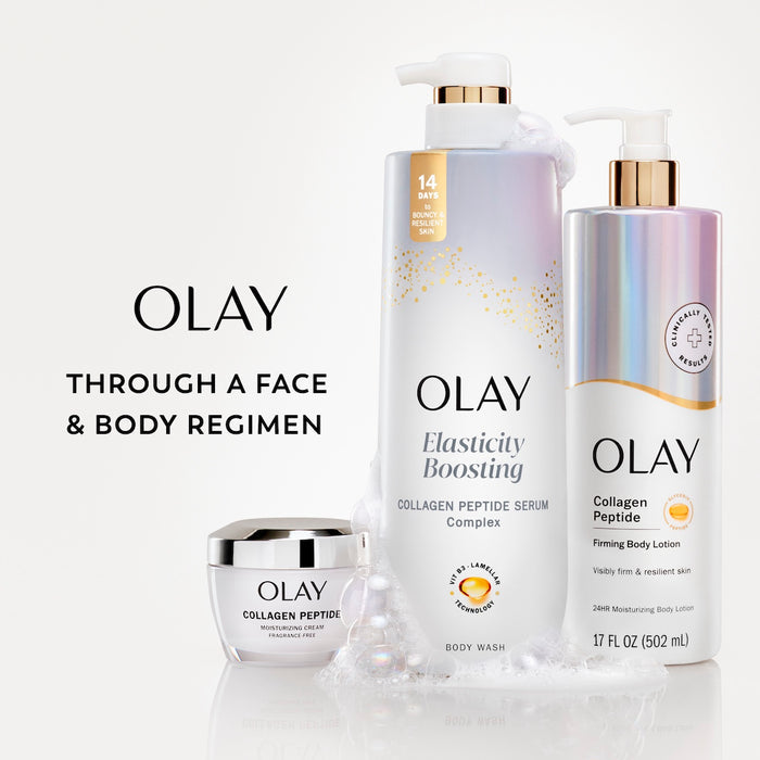 Olay through a face and body regimen.  Collagen peptide moisturizer, Elasticity boosting body wash, firming body lotion