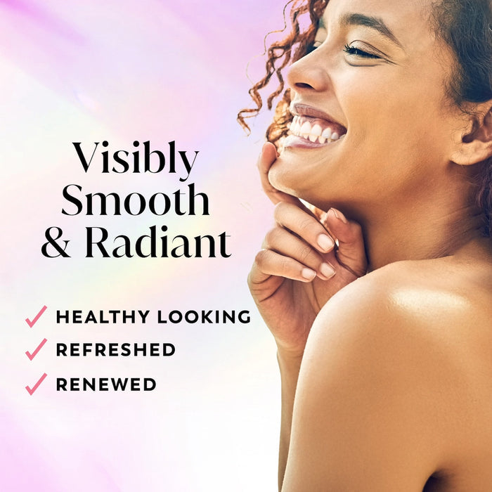 Model posing and smiling. Visibly smooth and radiant. Healthy looking, refreshed, renewed.