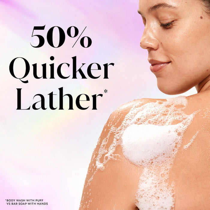 Model posing back facing while lathering Fresh Radiance Body Wash on shoulder. 50% quicker lather.*. *body wash with puff vs bar soap with hands