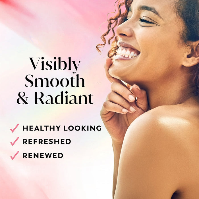 Model posing and smiling. Visibly smooth and radiant. Healthy looking, refreshed, renewed.