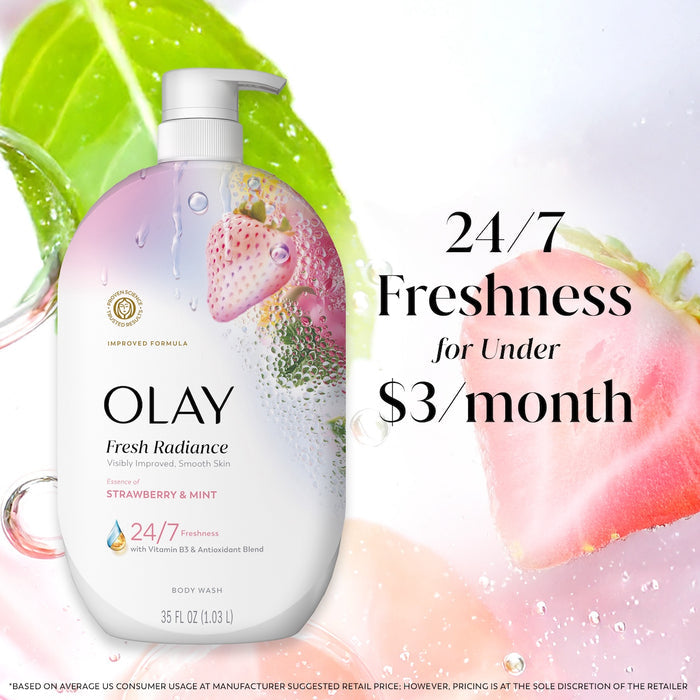 Fresh Radiance Body Wash bottle with leaves and watermelon in water. 24/7 freshness for under $3 a month