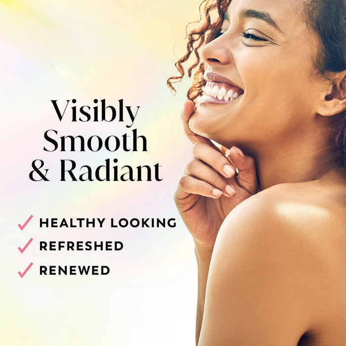 Model posing and smiling. Visibly smooth and radiant. Healthy looking, refreshed, renewed.