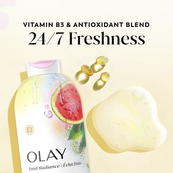 Fresh Radiance Body Wash Bottle and vitamin capsules. Vitamin B3 and antioxidant blend. 24/7 freshness