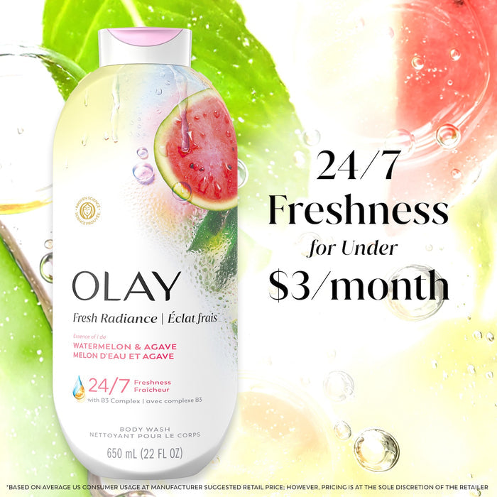 Fresh Radiance Body Wash bottle with leaves and watermelon in water. 24/7 freshness for under $3 a month