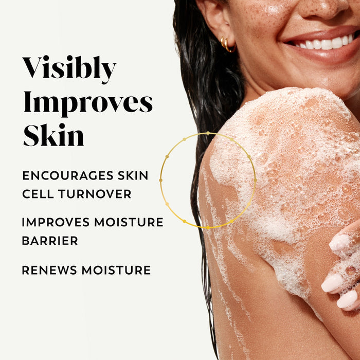 Model posing lathering body wash on skin. Visibly improves skin. Encourages skin cell turnover, improves moisture barrier, renews moisture