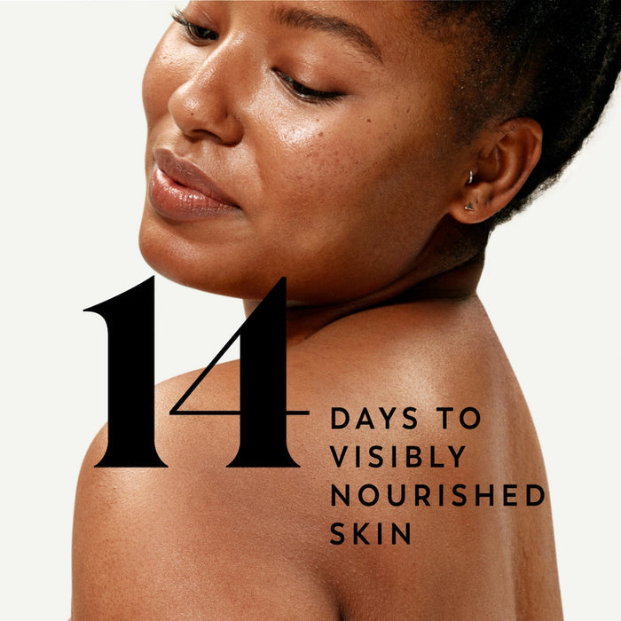 Model posing back facing showing nourished skin. 14 days to visibly nourished skin