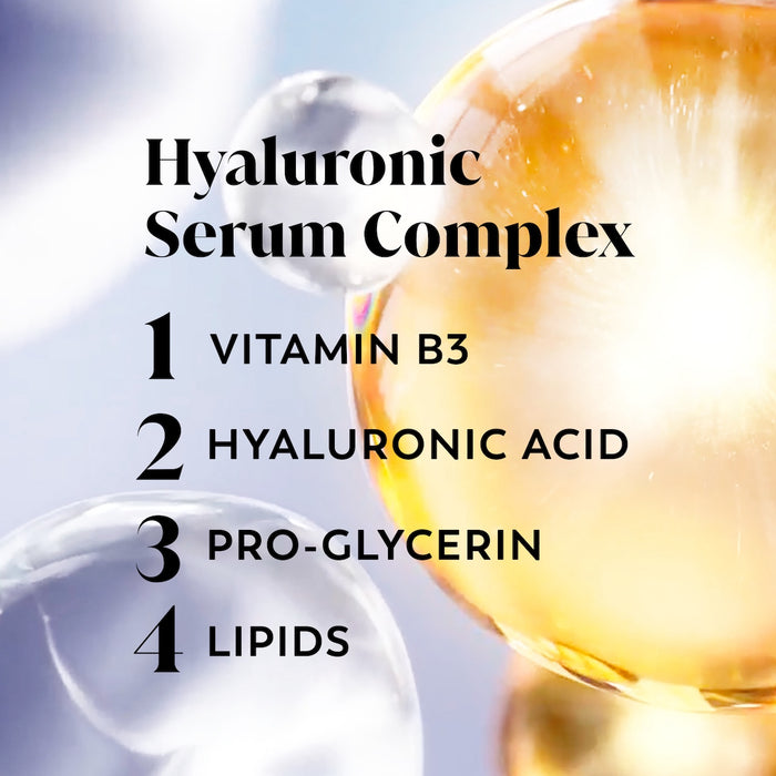 Hyaluronic serum complex. 1. Vitamin B3 2. Hyaluronic Acid 3. Pro Glycerin 4. Lipids
