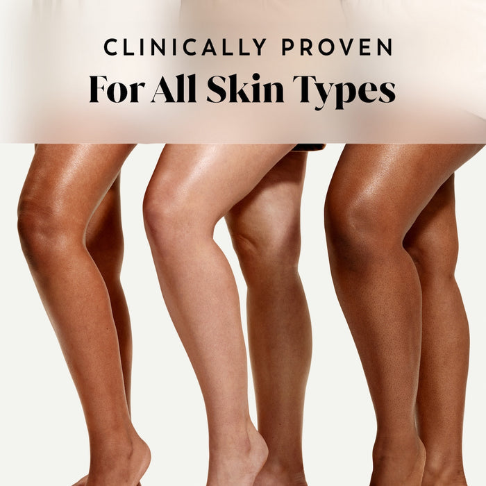 3 models standing showing legs of diverse skin types. Clinically proven for all skin types.