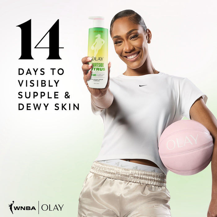 A'jA Wilson posing with basketball smiling holding Intensely Hydrating Body Wash. 14 days to visibly supple and dewy skin
