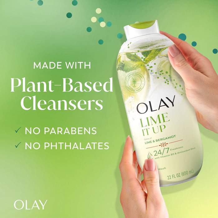 Model holding Olay Lime It Up Body Wash  made with plant based cleansers. No parabens no phthalates