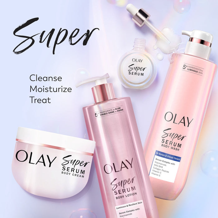 Super product lineup. Super Serum, Super Cream, Super Body Lotion and Super Body Wash containers. Cleanse, moisturize, treat