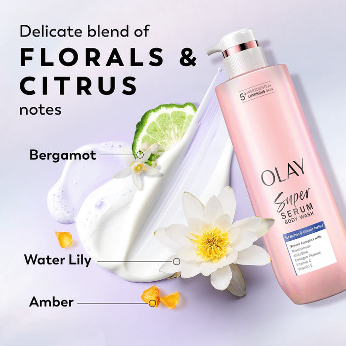 Super Serum Body Wash for Bumps & Uneven Textured Skin, delicate blend of florals and citrus notes Bergamot, Water Lily, Amber