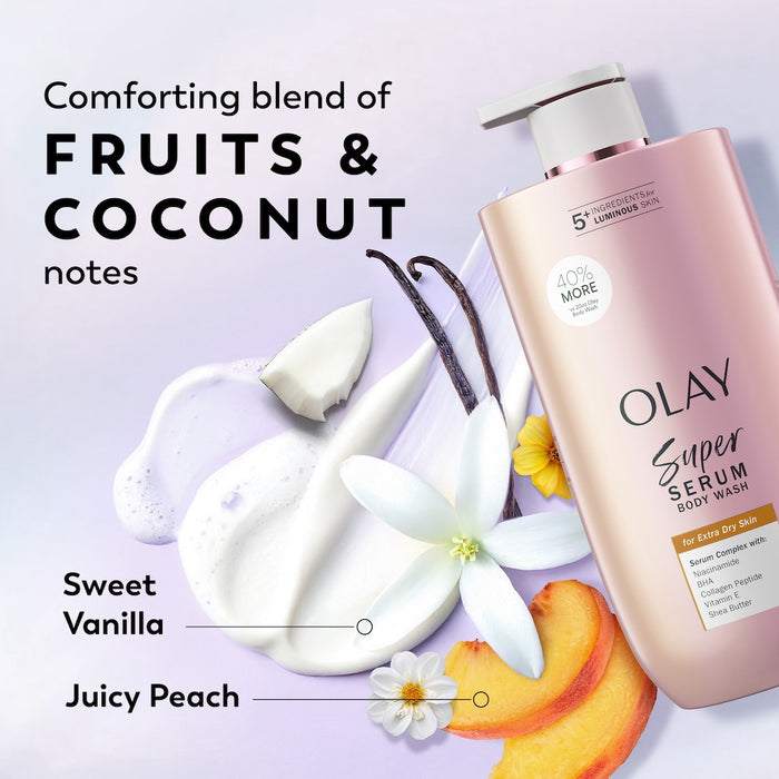 Super Serum Body Wash for Extra Dry Skin bottle. Comforting blend of fruits and coconut notes. Sweet vanilla, juicy peach