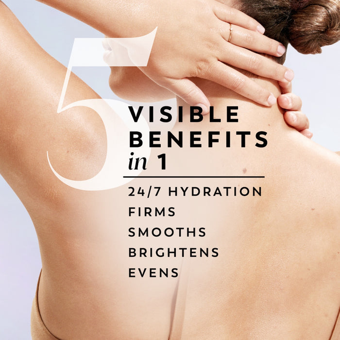 Model posing back facing showing skin. 5 visible benefits in 1. 24/7 hydration soothes smoothes brightens evens