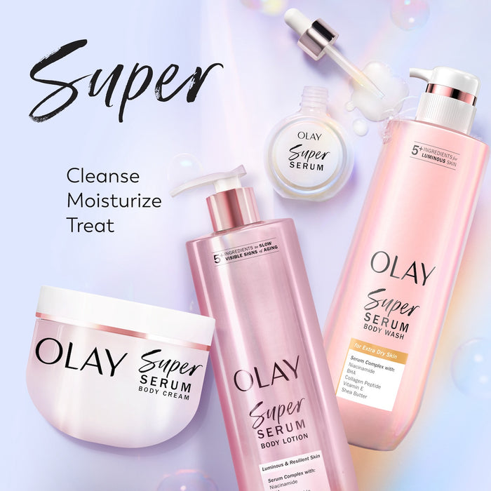 Super product lineup. Super Serum, Super Cream, Super Body Lotion and Super Body Wash containers. Cleanse, moisturize, treat