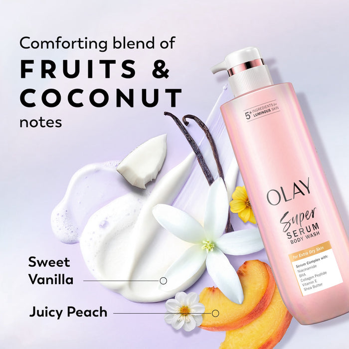Super Serum Body Wash for Extra Dry Skin bottle. Comforting blend of fruits and coconut notes. Sweet vanilla, juicy peach