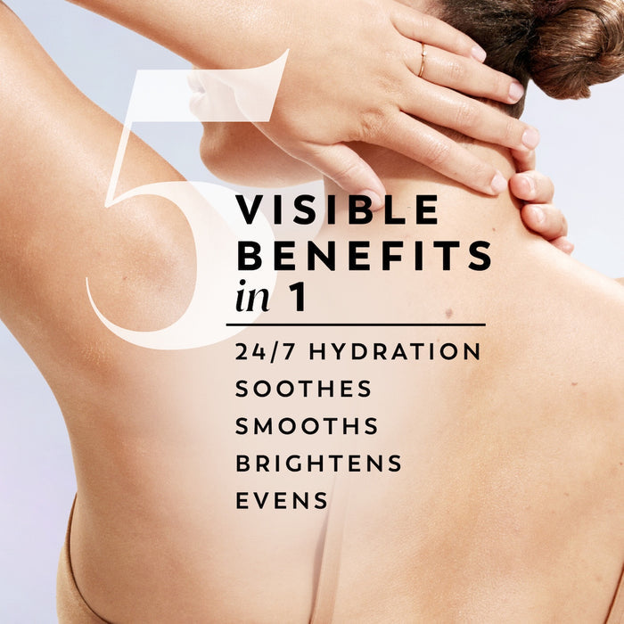 Model posing back facing showing skin. 5 visible benefits in 1. 24/7 hydration soothes smoothes brightens evens