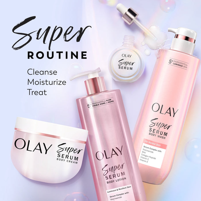 Super product lineup. Super Serum, Super Cream, Super Body Lotion and Super Body Wash containers. Cleanse, moisturize, treat