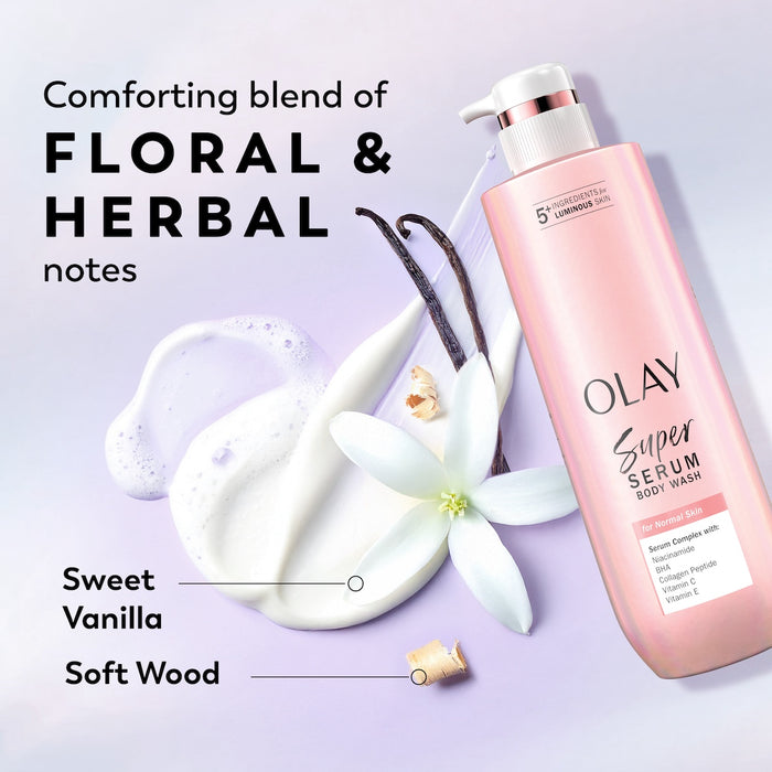 Super Serum Body Wash for Normal Skin bottle. Comforting blend of floral and herbal notes. Sweet vanilla, sandal wood