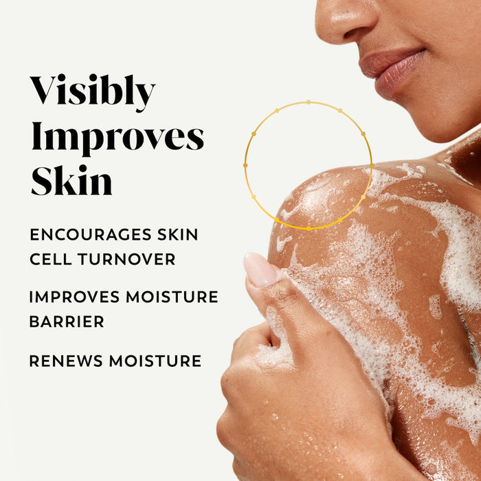 Model posing lathering body wash on skin. Visibly improves skin. Encourages skin cell turnover, improves moisture barrier, renews moisture