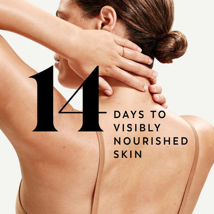 Model posing back facing showing nourished skin. 14 days to visibly nourished skin