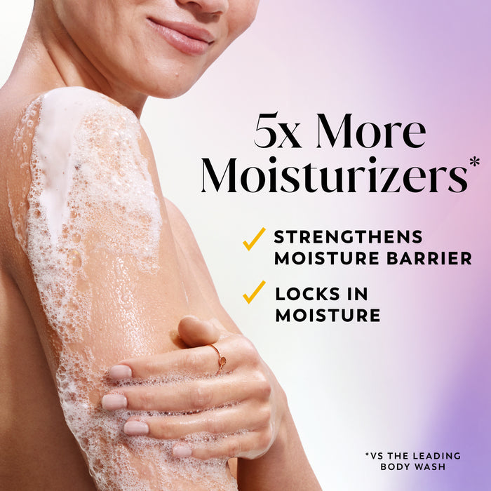 Model posing lathering arm with body wash. 5x more moisturizers* Strengthens moisture barrier. Locks in moisture. *vs the leading body wash.