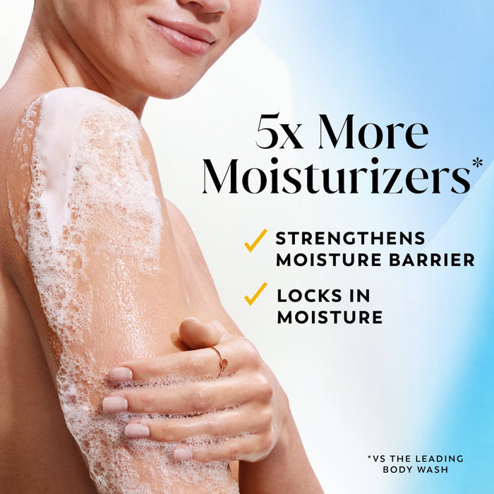 Model posing lathering arm with body wash. 5x more moisturizers* Strengthens moisture barrier. Locks in moisture. *vs the leading body wash.