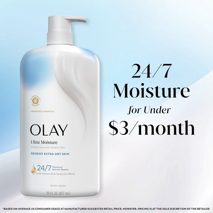 Olay Ultra Moisture Body Wash, Vitamin B3 and Hyaluronic Blend. 24/7 moisture for under $3 a month
