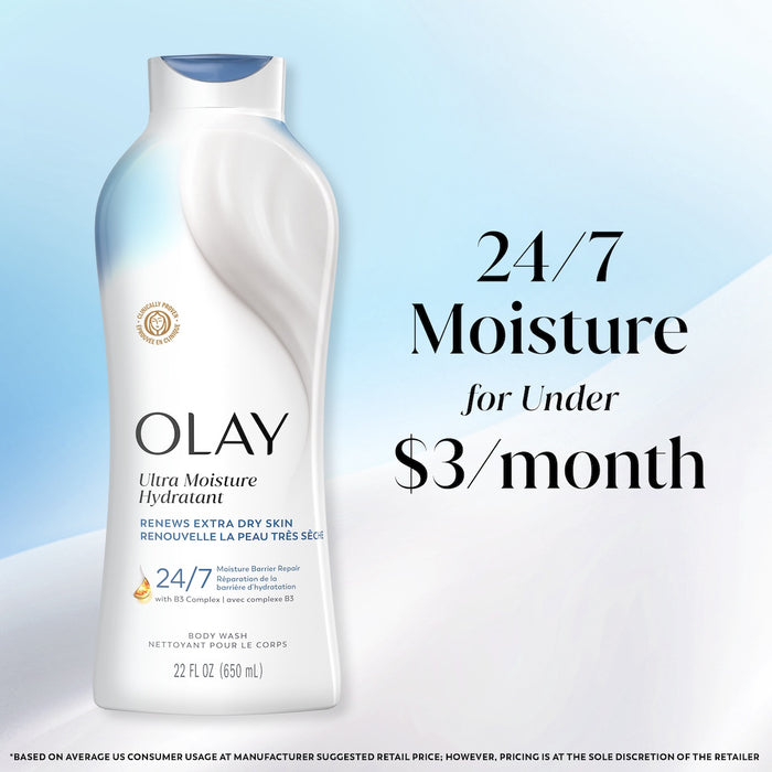 Olay Ultra Moisture Body Wash, Vitamin B3 and Hyaluronic Blend. 24/7 moisture for under $3 a month