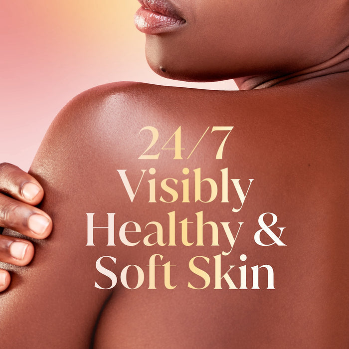 Model posing back facing. 24/7 visibly healthy and soft skin