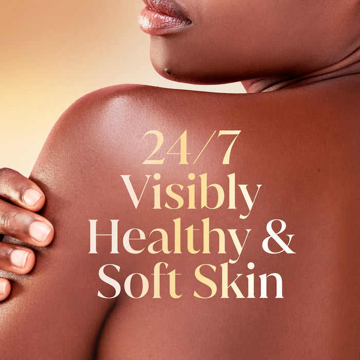 Model posing back facing. 24/7 visibly healtyh and soft skin