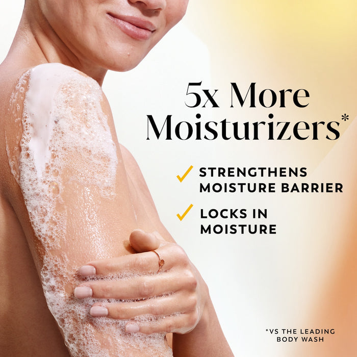 Model posing lathering arm with body wash. 5x more moisturizers* Strengthens moisture barrier. Locks in moisture. *vs the leading body wash.