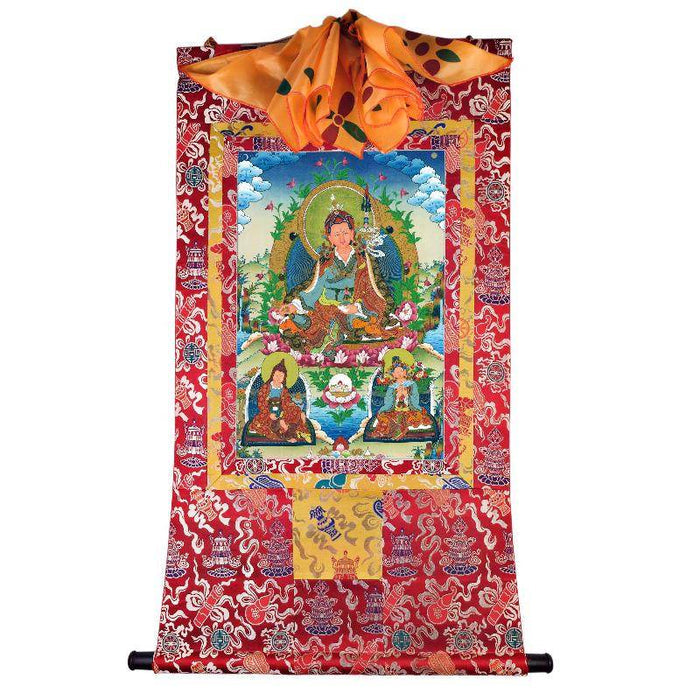 Padmasambhava - Guru Rinpoche with King Trisong Detsen & Shantarakshita - Tibetan thangka painting, detailed view