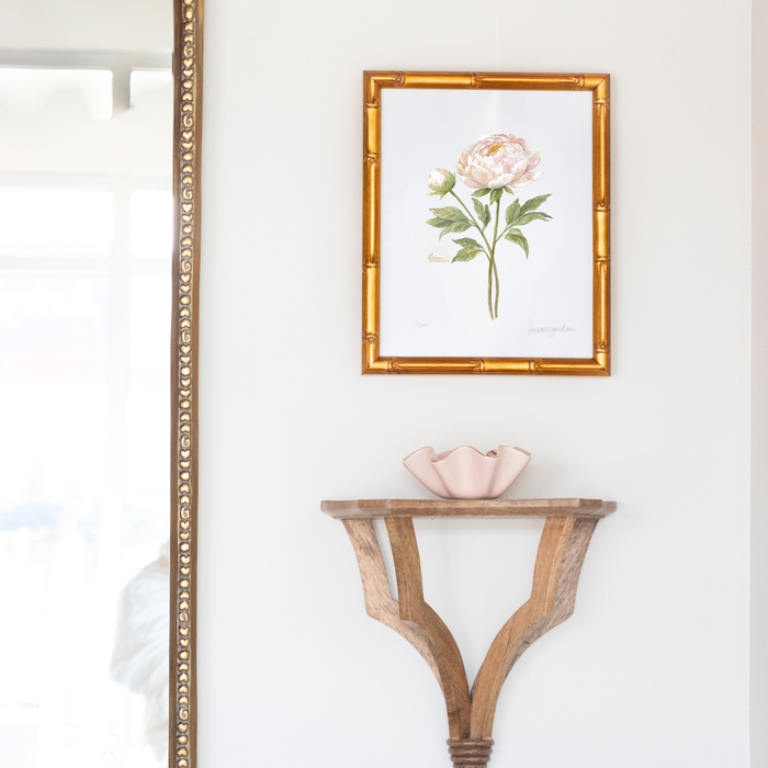 Peony Archival Art Print — framed Peony study displayed above a wall shelf; Susan Gordon