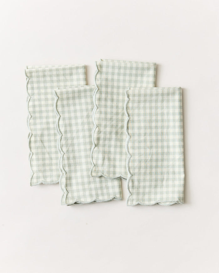 Petite Gingham Scalloped Cotton Napkins — four Celadon scalloped napkins; Farmhouse Pottery