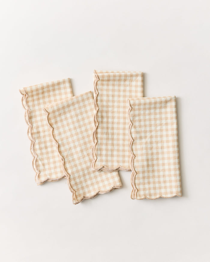 Petite Gingham Scalloped Cotton Napkins — four Soft Brown scalloped napkins; Farmhouse Pottery