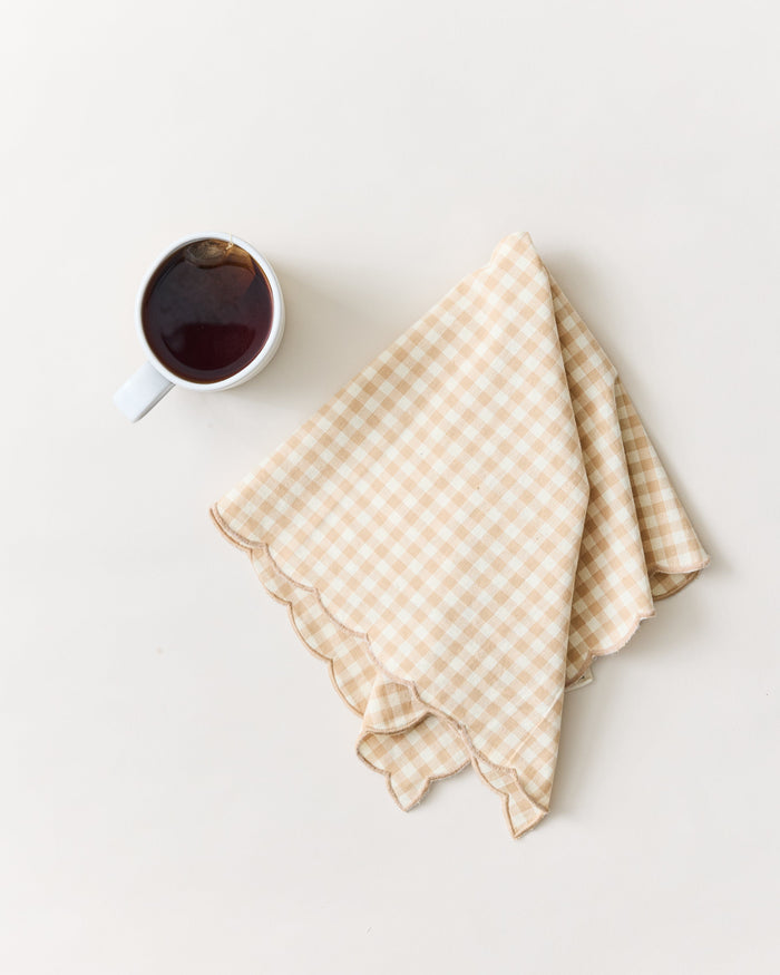 Petite Gingham Scalloped Cotton Napkins — pale gingham napkins beside a glass of wine; Farmhouse Pottery