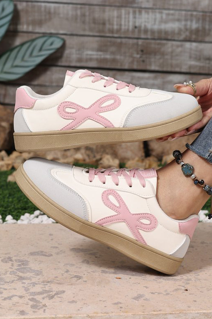 Pink Cute Bow Patch Color Block PU Leather Sneakers — image 05