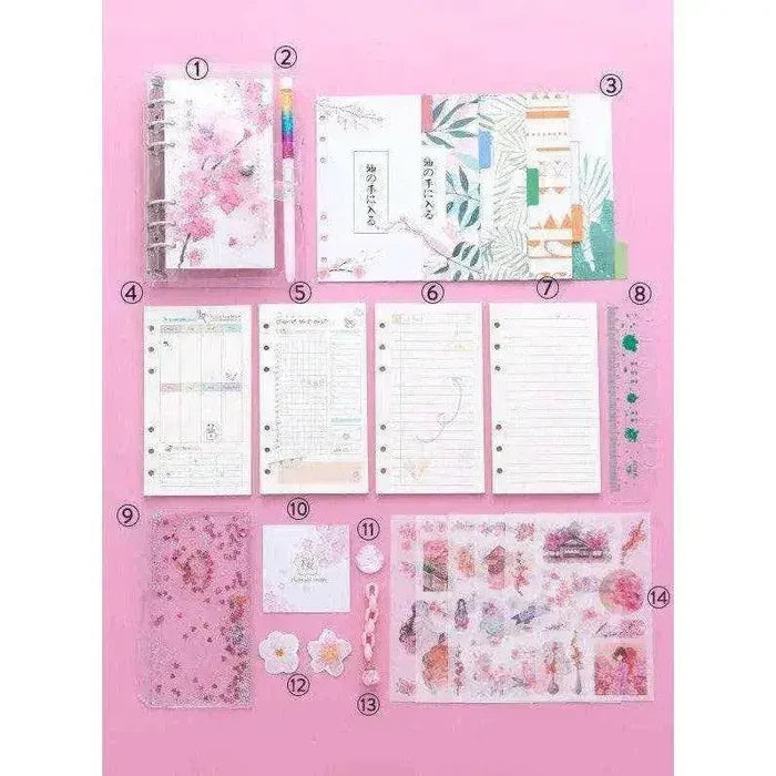 Pink planner set with washi tape ruler pen and stickers