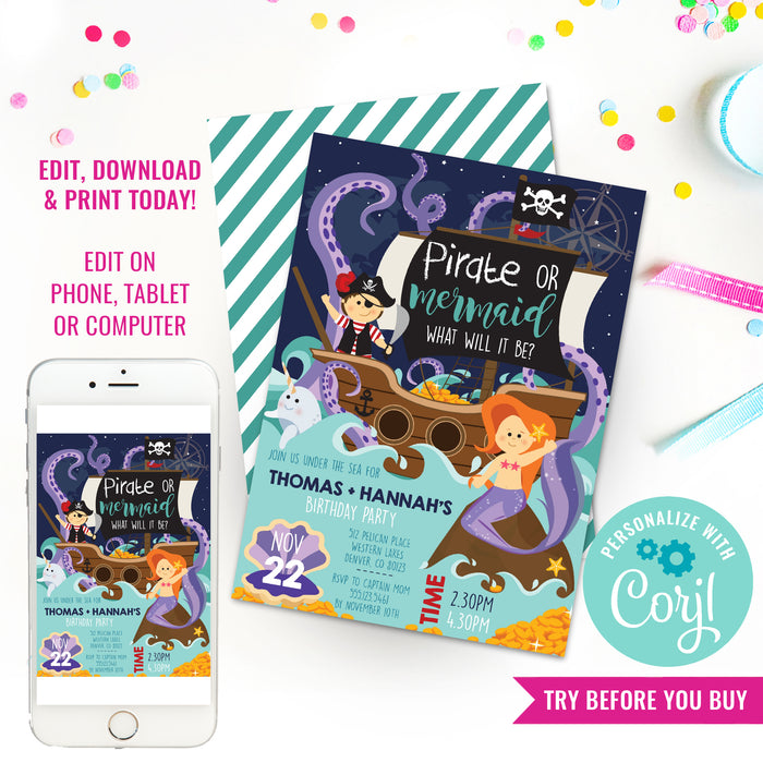 Pirate and Mermaid Birthday Party Invitation